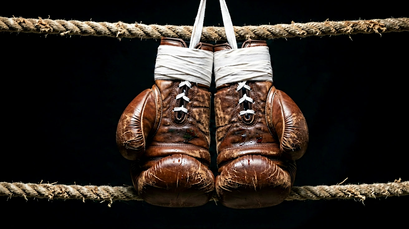 Muay Thai ကွင်းကြိုးပေါ် တွဲချထားသော ဟောင်းနွမ်းသည့် သားရေလက်အိတ်တစ်စုံနှင့် အဖြူရောင်လက်ပတ်များ၏ နီးကပ်မြင်ကွင်း