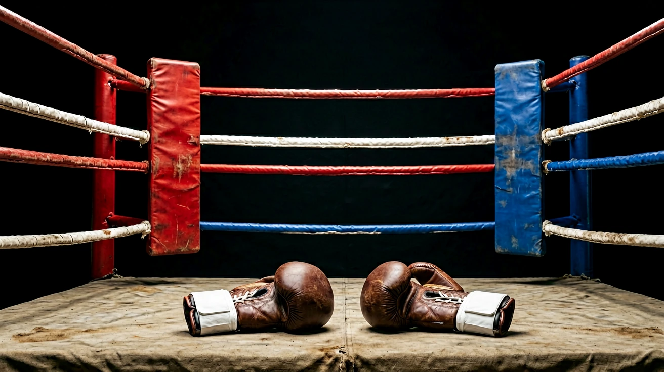 Muay Thai လက်ဝှေ့ကွင်း၏ ကြိုးများ၊ အနီနှင့်အပြာ ထောင့်တိုင်အုံးများနှင့် ကွင်းကော်ဇောပေါ်တွင် တင်ထားသော ဟောင်းနွမ်းသည့် လက်အိတ်နှစ်စုံ မြင်ကွင်း