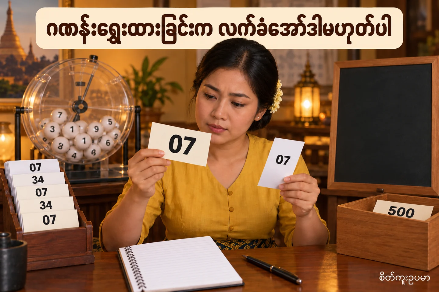 ဂဏန်းရွေးထားမှ ငွေပေးပြီးအထိ: ထီအော်ဒါ စကားလုံးများကို ခွဲဖတ်ပါ — စိတ်ကူးထီဆိုင်ရာ သရုပ်ဖော်ပုံ။