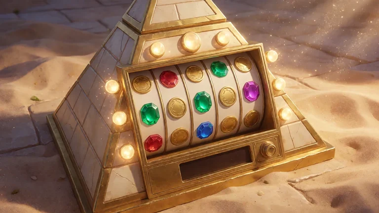 ရွှေရောင် ပိရမစ်ပုံ slot စက်တစ်လုံး၊ reel ပေါ်တွင် ရွှေဒင်္ဂါးနှင့် ကျောက်စိမ်း ကျောက်မျက်သင်္ကေတများ၊ သဲကန္တာရနှင့် နေဝင်ချိန် အလင်း